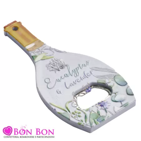 Bomboniere matrimonio utili Apribottiglie in resina a forma di bottiglia con decoro eucalipto e lavanda Royal Gifts - 1