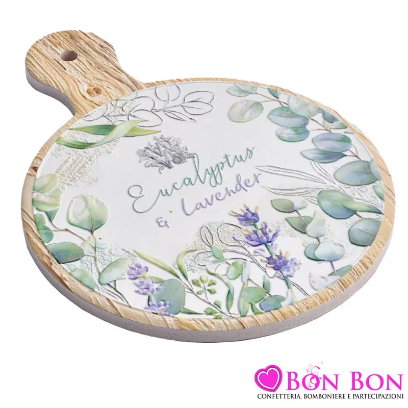 Bomboniere matrimonio utili Tagliere rotondo con manico in resina con decoro eucalipto e lavanda Royal Gifts - 1
