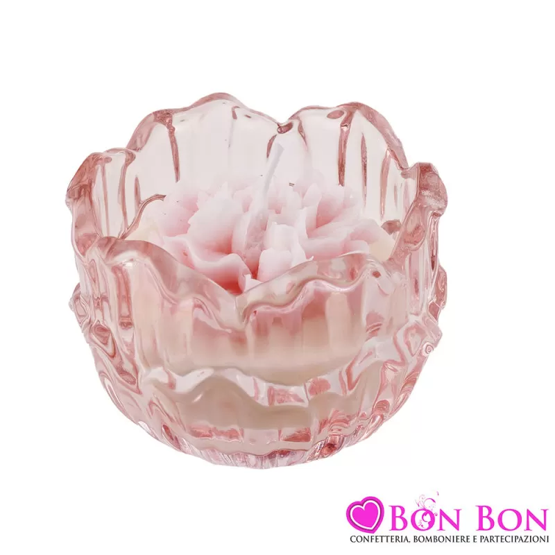 Bomboniera Matrimonio Candela Profumata in Vetro Rosa con Rosa in Cera - Eleganza e Atmosfera Romantica Royal Gifts - 1