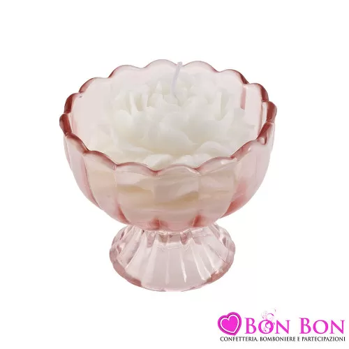 Bomboniera Matrimonio Alzata in Vetro Rosa con Candela Profumata a Forma di Rosa Royal Gifts - 1