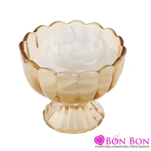 Bomboniera Matrimonio Alzata in Vetro Ambra con Candela Profumata a Forma di Rosa Royal Gifts - 1