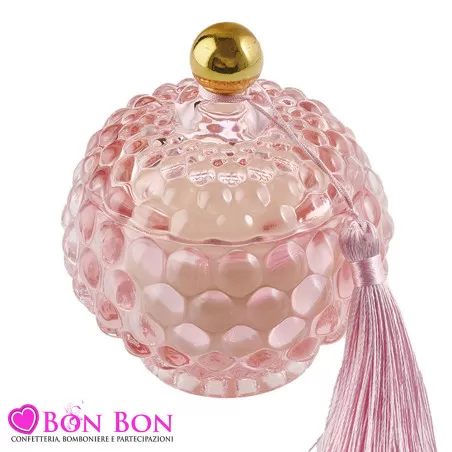 Bomboniera Matrimonio Candela Profumata in Vetro Rosa con Coperchio e Nappina Dorata Royal Gifts - 1
