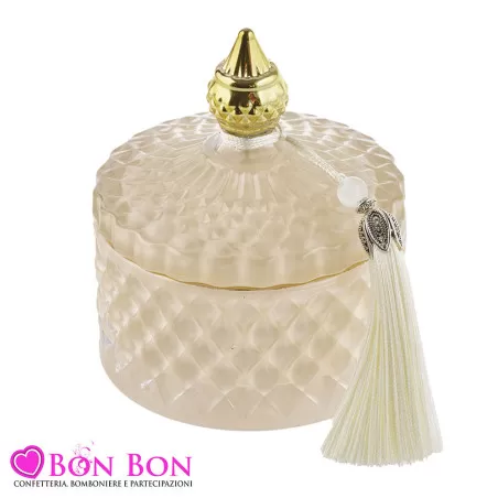 Bomboniere per Matrimonio Eleganti: Candela Profumata in Vetro Ecrù con Coperchio Decorativo Oro e Nappina Bianca Royal Gifts - 
