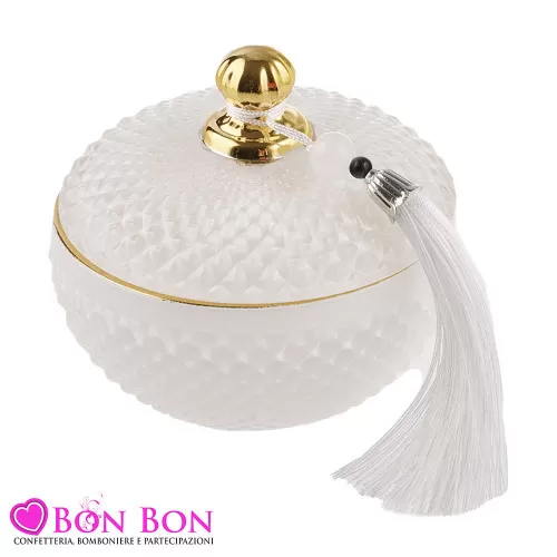 Bomboniera per Matrimonio Elegante: Candela Profumata Rotonda in Vetro Bianco con Coperchio Dorato e Nappina Bianca Royal Gifts