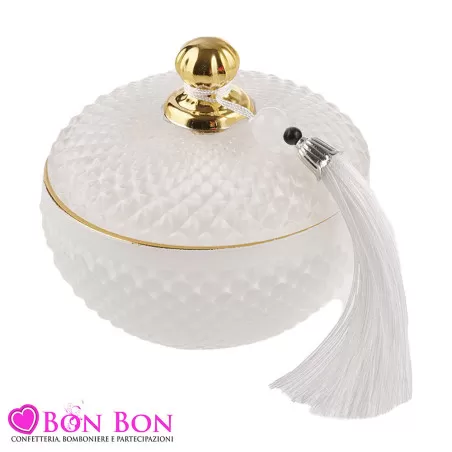 Bomboniera per Matrimonio Elegante: Candela Profumata Rotonda in Vetro Bianco con Coperchio Dorato e Nappina Bianca Royal Gifts