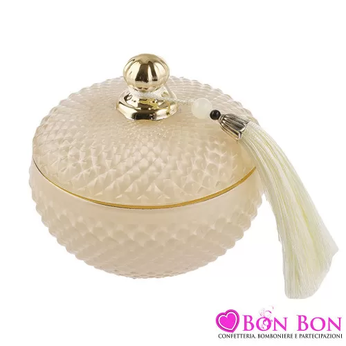Bomboniera per Matrimonio Elegante: Candela Profumata Rotonda in Vetro Ecrù con Coperchio Dorato e Nappina Ecrù Royal Gifts - 1