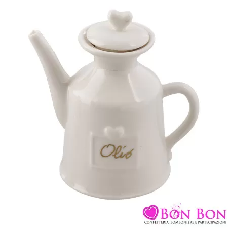 Bomboniera Enogastronomica per Matrimonio: Oliera in Ceramica Bianca con Cuore in Rilievo Royal Gifts - 1