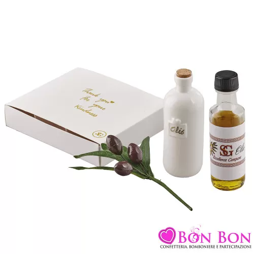 Bomboniera per Matrimonio Enogastronomica : Set Olio in Bottiglia di Ceramica con Olivetto Decorativo Royal Gifts - 1