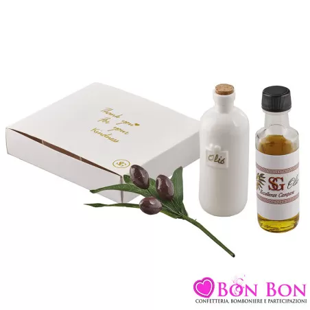 Bomboniera per Matrimonio Enogastronomica : Set Olio in Bottiglia di Ceramica con Olivetto Decorativo Royal Gifts - 1