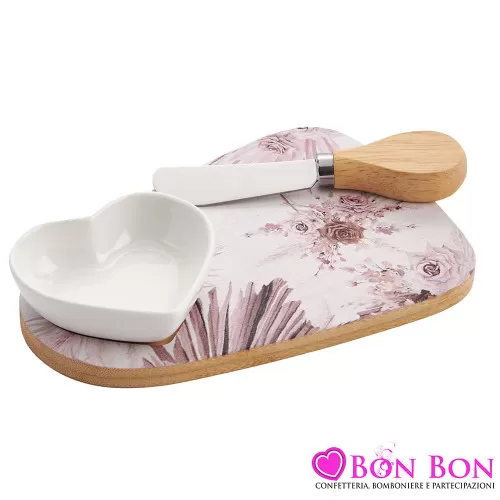 Bomboniera Matrimonio Set Ciotola a Cuore e Coltellino con Tagliere Decoro Rose Royal Gifts - 1