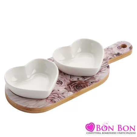 Bomboniera Matrimonio Set 2 Ciotole Cuore con Tagliere Decoro Rose: Un Elegante Pensiero per i Tuoi Ospiti Royal Gifts - 1