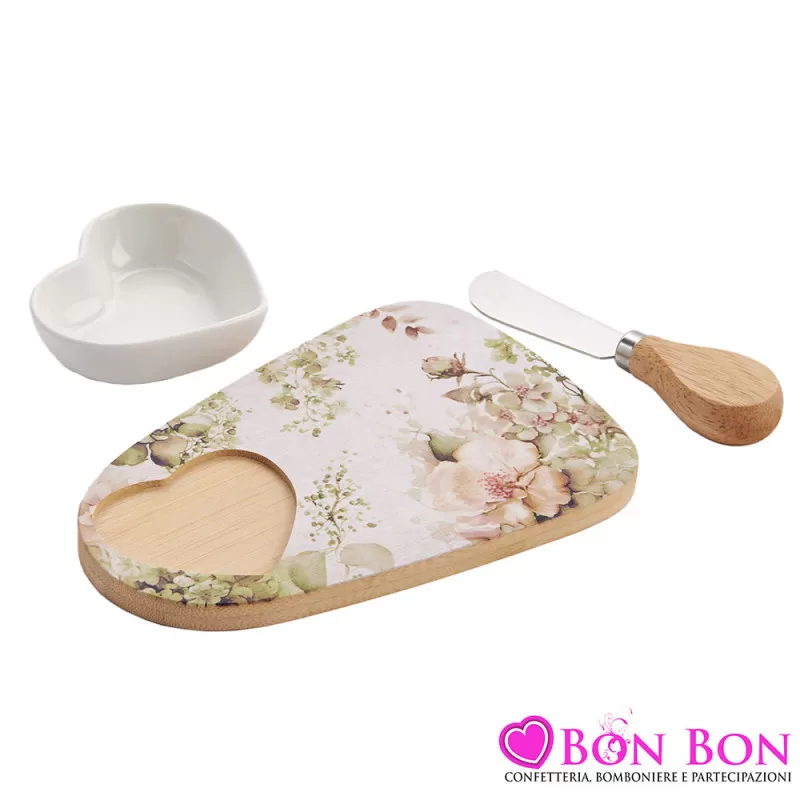 Bomboniera Matrimonio Set Ciotola Cuore con Coltellino e Tagliere Decorato con Ortensie Royal Gifts - 1