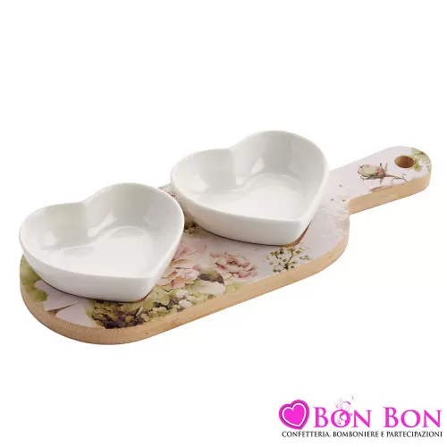 Bomboniera Matrimonio Utile Set 2 Ciotole Cuore con Tagliere Decorato con Ortensie Royal Gifts - 1