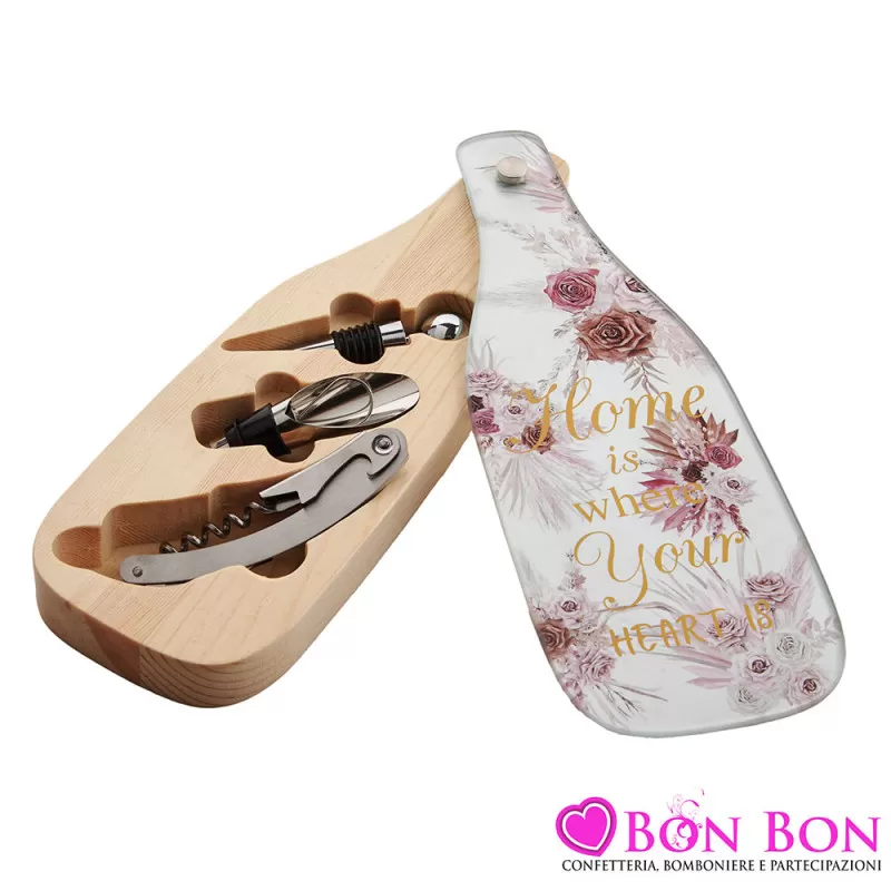 Bomboniera Matrimonio Utile e Raffinata Set Vino con Base in Legno e Coperchio in Vetro Decorato con Rose Royal Gifts - 1
