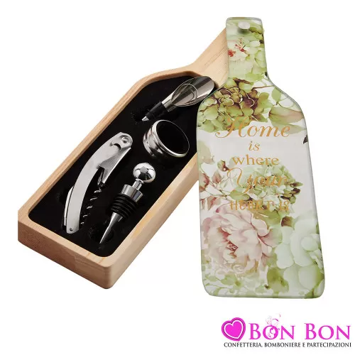 Bomboniera Matrimonio Utile e Raffinata Set Vino con Base in Legno e Coperchio in Vetro Decorato con Ortensie Royal Gifts - 11