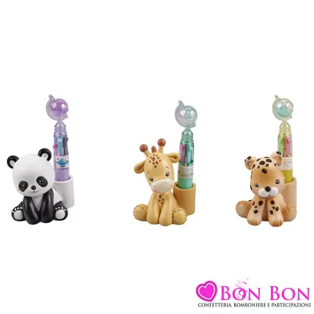 Bomboniera Primo Compleanno Porta Penna con Animali della Savanacon Panda, Tigre e Giraffa Royal Gifts - 1