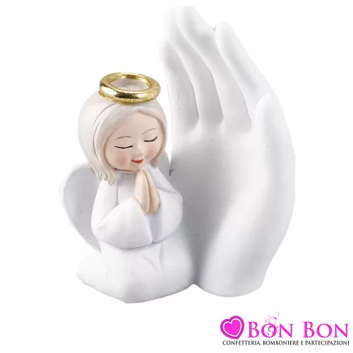 Bomboniera per Prima Comunione Statuina Angelo in Preghiera con Aureola Dorata e Mano Bianca Royal Gifts - 1