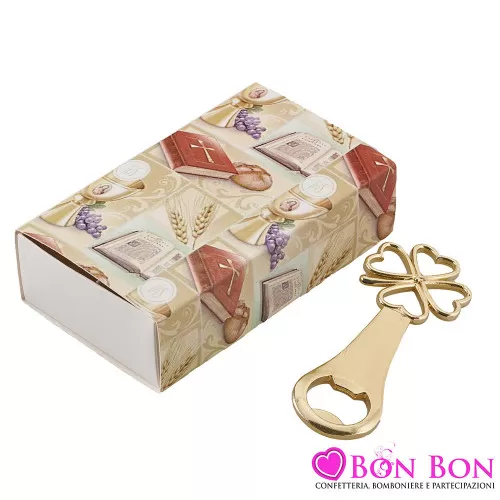 Bomboniera Prima Comunione Utile Apribottiglie Quadrifoglio in Metallo Oro Royal Gifts - 1