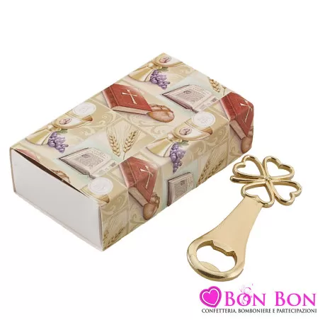 Bomboniera Prima Comunione Utile Apribottiglie Quadrifoglio in Metallo Oro Royal Gifts - 1