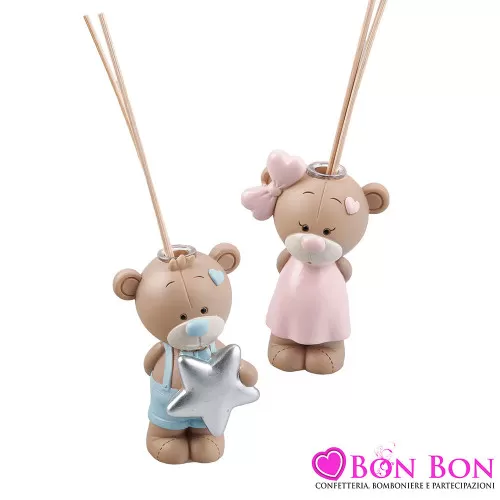 Bomboniere Battesimo Bimbo e Bimba Profumatori Orsetti Rosa o Celesti in Resina Colorata Royal Gifts - 1