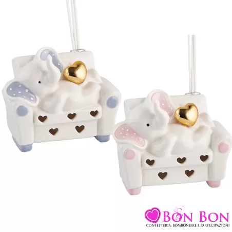 Bomboniere Battesimo Online: Profumatore Elefante Rosa e Celeste su Sofà con Luce LED Royal Gifts - 3