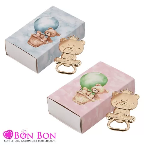 Bomboniere Battesimo Utili: Scatole Degustazione con Apribottiglie Orso in Metallo Oro Royal Gifts - 3