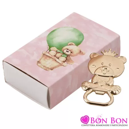 Bomboniere Battesimo Utili: Scatole Degustazione con Apribottiglie Orso in Metallo Oro Royal Gifts - 2