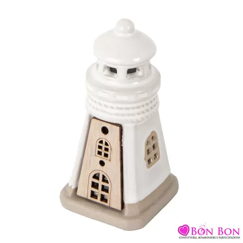 Bomboniere per Matrimonio Tema Mare – Faro Bianco in Ceramica con Inserto in Legno e Luce LED ETM - 1