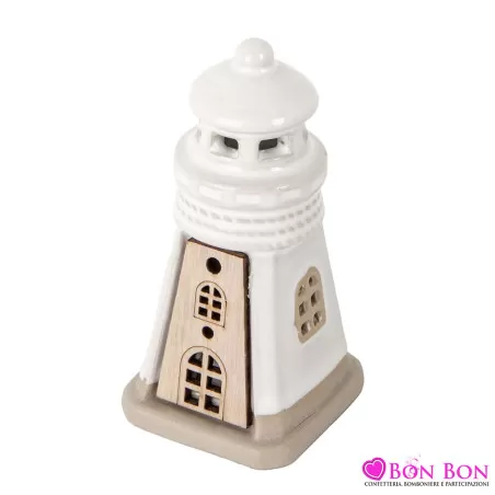 Bomboniere per Matrimonio Tema Mare – Faro Bianco in Ceramica con Inserto in Legno e Luce LED ETM - 1