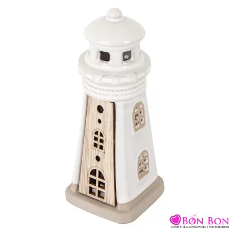Bomboniere per Matrimonio Tema Mare – Faro Bianco Grande in Ceramica con Inserto in Legno e Luce LED ETM - 1