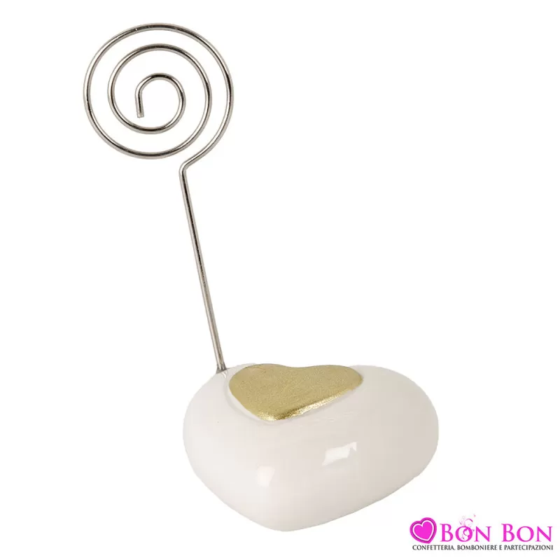 Bomboniere per Matrimonio – Clip Foto Cuore in Porcellana Bianco e Oro ETM - 1