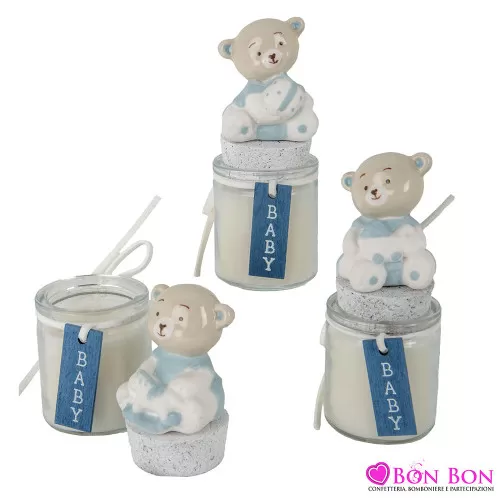 Bomboniere Battesimo per Maschietto: Barattolino Candela Celeste con Orsetto ETM - 2