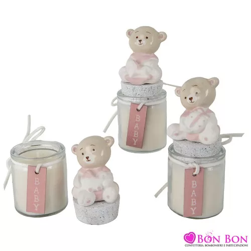 Bomboniere Battesimo per Femminuccia: Barattolino Candela Rosa con Orsetto ETM - 1