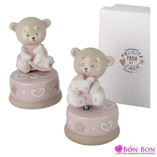 Bomboniere Battesimo per Femminuccia Orsetto Carillon in Porcellana 2 Assortiti con Scatola ETM - 1