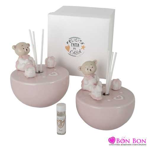 bomboniere battesimo per femminuccia orsetto profumatore rosa in porcellana 2 assortiti con scatola ETM - 1