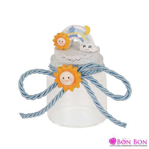 bomboniere battesimo per maschietto barattolino celeste con tappo in sughero con inserto arcobaleno senza scatola ETM - 1