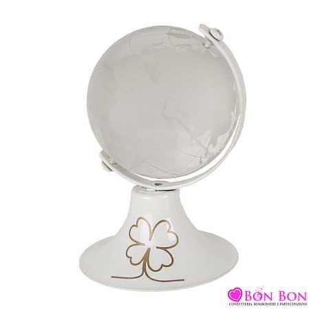 Bomboniere Matrimonio Mappamondo Grande da Poggio Bianco con Decoro Quadrifoglio Dorato ETM - 1