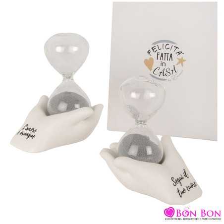 Bomboniere Matrimonio Clessidra in Vetro con Polvere Argento su Mano con Frase ETM - 1