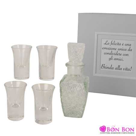 Bomboniere Matrimonio Set Bottiglia Media in Vetro con 4 Bicchierini e Frase con Scatola Inclusa ETM - 1