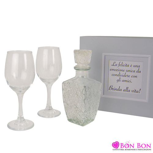 Bomboniere Matrimonio Set Composto da Bottiglia in Vetro con 2 Calici e Scatola con Frase Inclusa ETM - 1