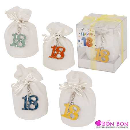 bomboniere diciottesimo compleanno con fagotto bianco e porta chiavi in 4 colori assortiti e scatola in pvc inclusa ETM - 1