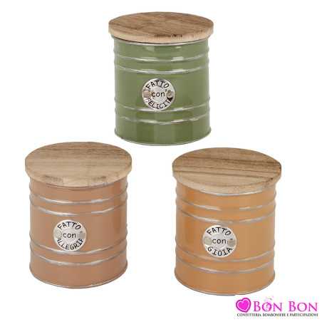 Bomboniere matrimonio box in latta con targa e frase coperto da tappo in legno in 3 modelli e colori assortiti ETM - 1