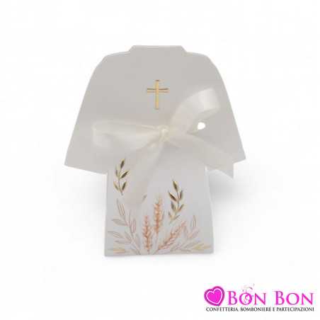 Scatola porta confetti per prima comunione tunichetta con disegno spighe e croce oro in cartoncino bianco Scotton - 1