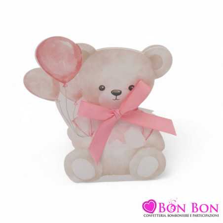 Scatola porta confetti per nascita a forma di orsetto rosa con palloncini in cartoncino Scotton - 1