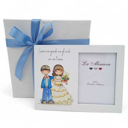 Bomboniera Matrimonio Linea Giorni Felici – Portafoto Rettangolare con Sposini eFrase Romantica La Miniera - 1