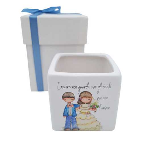 Bomboniera Matrimonio Linea Giorni Felici – Porta Piantina in Ceramica con Sposini e Frase Romantica La Miniera - 1