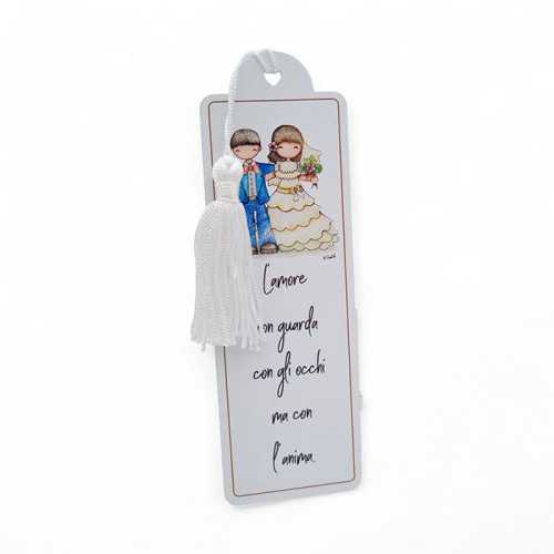 Bomboniera Matrimonio Linea Giorni Felici – Segnalibro Rettangolare in Legno con Nappina Bianca con Sposini e Frase Romantica La
