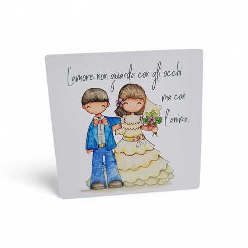 Bomboniera Matrimonio Linea Giorni Felici – Calamita Quadrata in Legno Bianca con Sposini e Frase Romantica La Miniera - 1