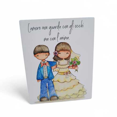 Bomboniera Matrimonio Linea Giorni Felici – Calamita Rettangolare in Legno Bianca con Sposini e Frase Romantica La Miniera - 1