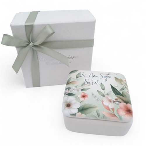 Bomboniera Matrimonio Linea Flora – Scatola Quadrata in Ceramica Bianca con Decoro Floreale e Frase Romantica La Miniera - 1